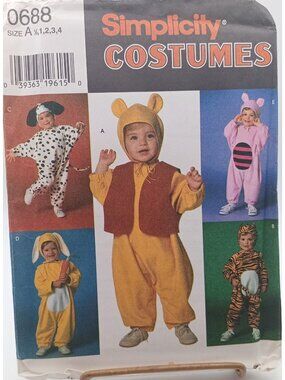 Simplicity 0688 Toddlers Animal Costumes Sewing Pattern Sizes 1/2-4 Flannel & Fl